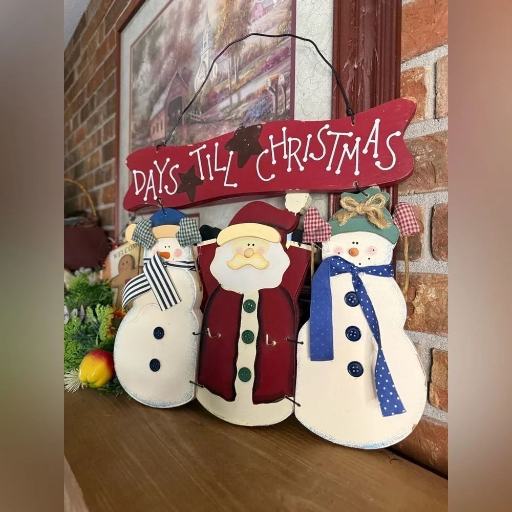 Vintage 1998 Festive Snowman and Santa Countdown Solid Wood Wall Hanging Sign